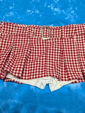 Red & White Gingham Pleated Skort with Buckle Belt